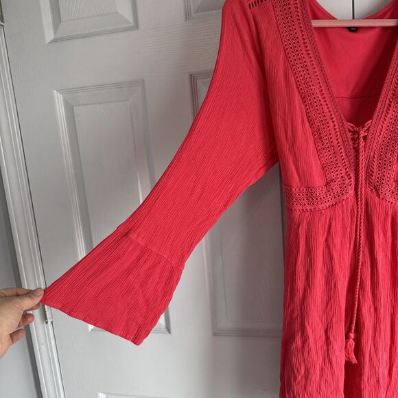 Torrid Women Midi Dress 3 Pink Crochet Bell Sleeve High Low Boho Comfy Casual - Picture 2 of 7